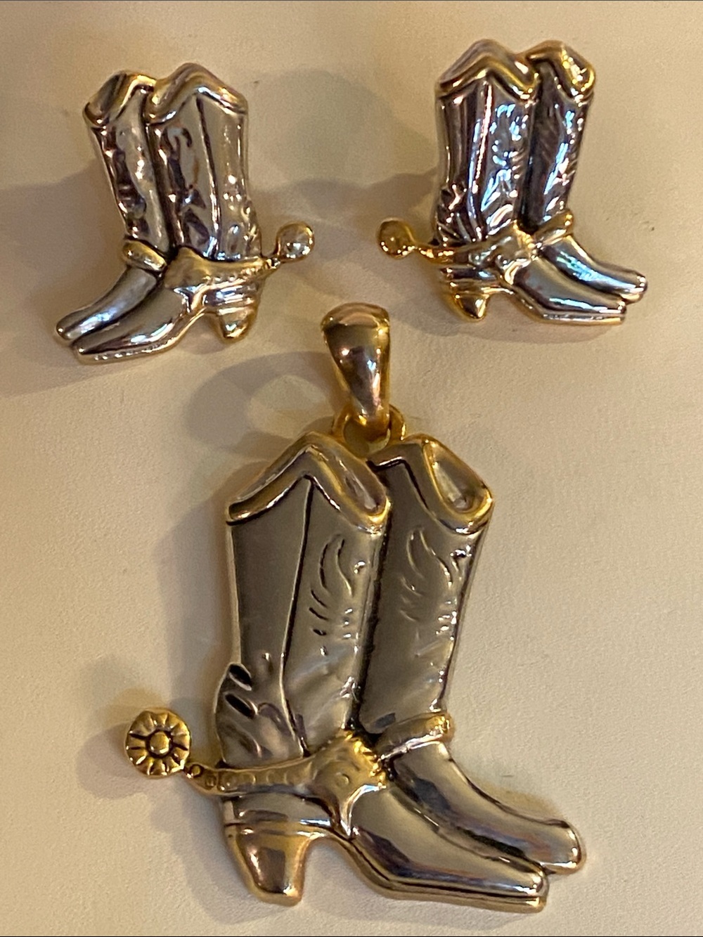 Vintage Cowboy Boot Pendant & Earrings Western Two-Tone Jewelry Set